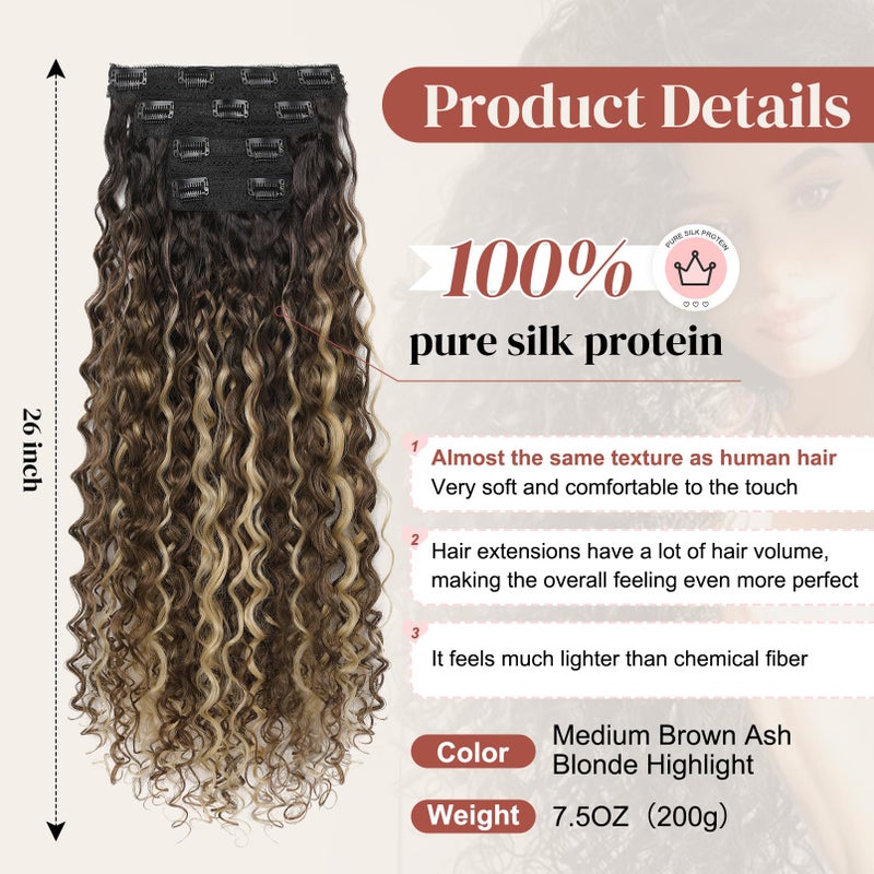LONAI 4PC Clip in Hair Extensions, 100ï¼… Pure Protein Silk Curly Hair Extension for Women, 26 Inch Long Soft Natural Hair Extensions-Medium Brown Ash Blonde Highlight - Image 2
