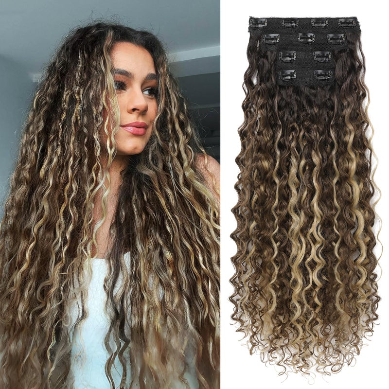 LONAI 4PC Clip in Hair Extensions, 100ï¼… Pure Protein Silk Curly Hair Extension for Women, 26 Inch Long Soft Natural Hair Extensions-Medium Brown Ash Blonde Highlight - Image 1
