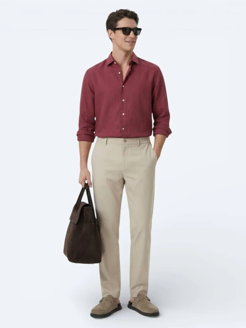 Kip Damson Color Plain Regular Fit Long Weaving Casual Cotton Blended Shirt