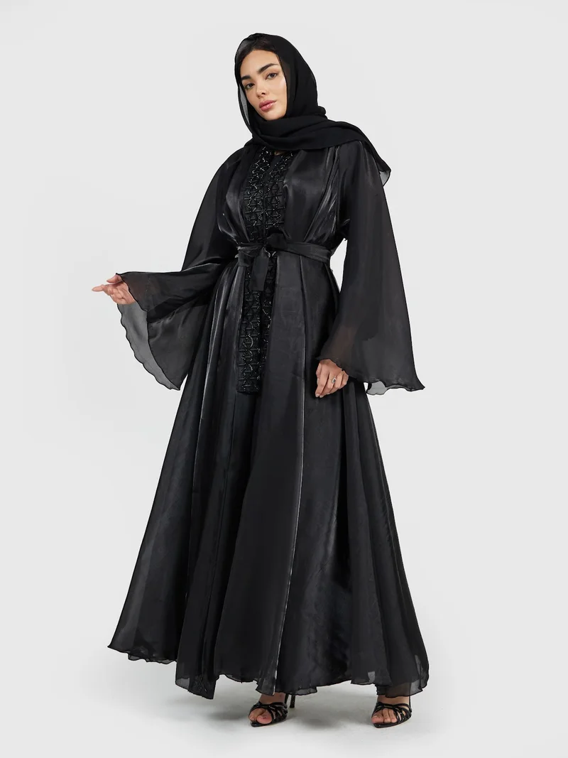 Elegant Jet Black Organza Abaya with Intricate Beadwork & Belt