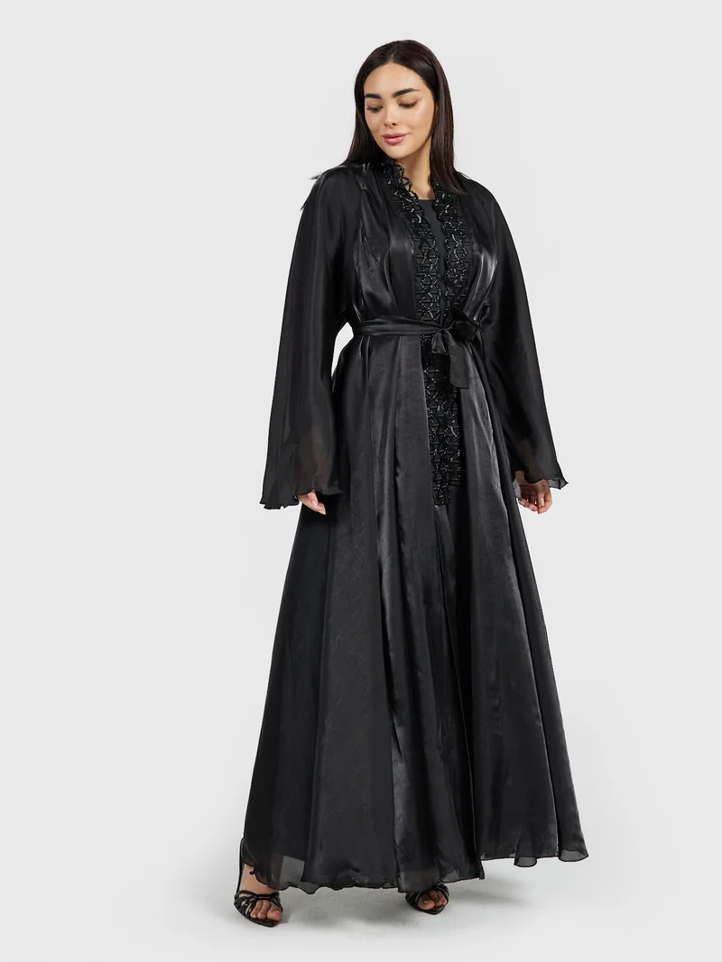 عباءات ريم Elegant Jet Black Organza Abaya with Intricate Beadwork & Belt