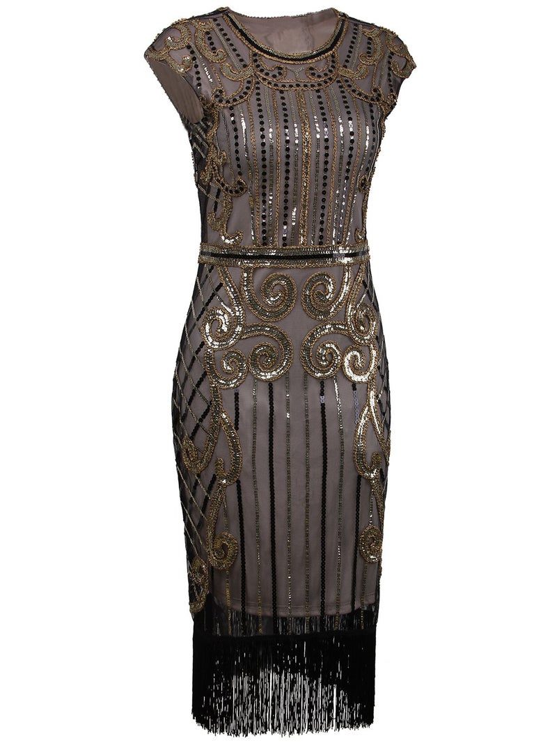 Vijiv 1920s Vintage Inspired Sequin Embellished Fringe Long Gatsby Flapper Dress,Champagne gold,X-Small - Image 1