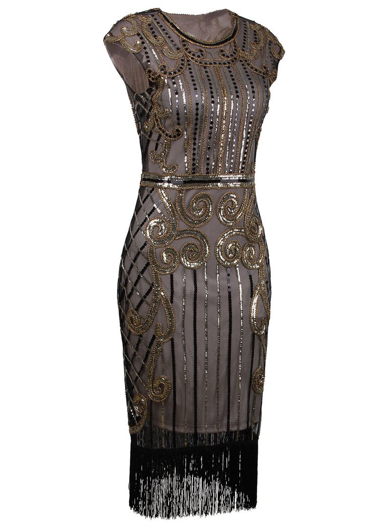 Vijiv 1920s Vintage Inspired Sequin Embellished Fringe Long Gatsby Flapper Dress,Champagne gold,X-Small - Image 3