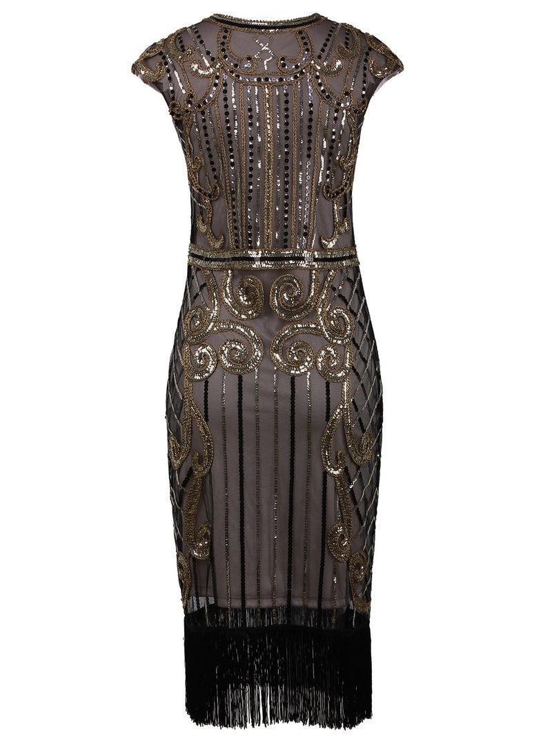 Vijiv 1920s Vintage Inspired Sequin Embellished Fringe Long Gatsby Flapper Dress,Champagne gold,X-Small - Image 5