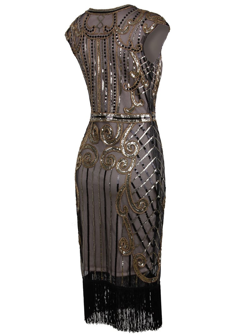 Vijiv 1920s Vintage Inspired Sequin Embellished Fringe Long Gatsby Flapper Dress,Champagne gold,X-Small - Image 4