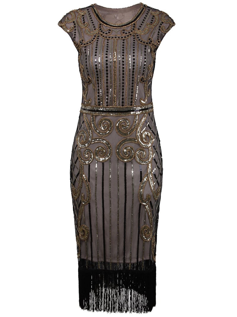 Vijiv 1920s Vintage Inspired Sequin Embellished Fringe Long Gatsby Flapper Dress,Champagne gold,X-Small - Image 2