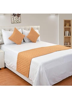 DECOROLOGY DECOROLOGY Solid Quilted Velvet Bed Runner Scarf with Matching Cushion Cover for Double Bed Decorative Slipcover Mattress Protector Set for Bedrooms Hotel Rooms Guest Rooms Beige 