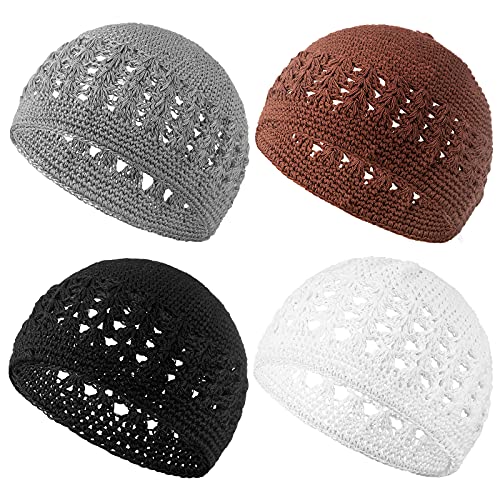 Boyiee 4 Pieces Kufi Hat for Men Knit Kufi Cap Crochet Beanie Skull Beanie Muslim African Hat for Men Women (Black,White,Gray,Brown) - Image 1