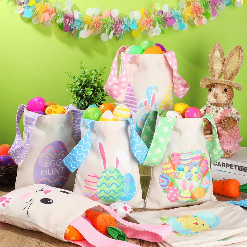 Cosblank 12 Pcs Easter Reusable Canvas Gift Bags with Handles 10''x 8'' Easter Tote Bags Egg Hunt Candy Treat Party Favor(Bunny Egg) - Image 4