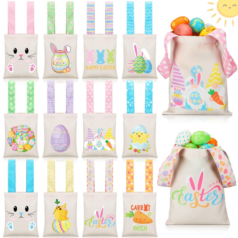 Cosblank 12 Pcs Easter Reusable Canvas Gift Bags with Handles 10''x 8'' Easter Tote Bags Egg Hunt Candy Treat Party Favor(Bunny Egg) - Image 1