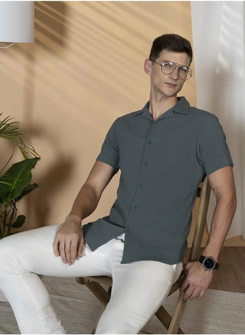 دينيس لينغو Men's Multicoloured Lycra Textured Button Down Relaxed Fit Shirt