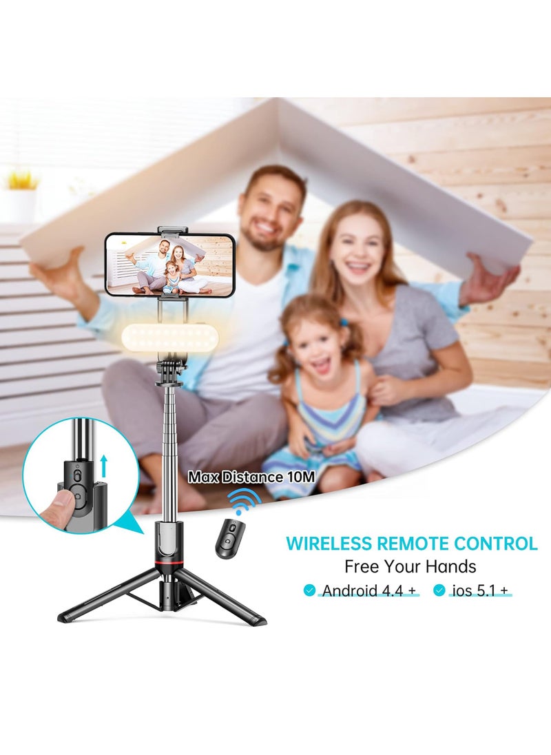 Uwals - Stable Selfie Stick Tripod with Fill Light, 110cm Extendable Selfie Stick with Wireless Remote and Tripod Stand 360 Rotation for iPhone, Samsung and Smartphone - Image 1