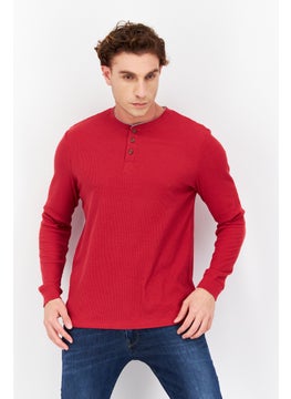 Men Crew Neck Textured Long Sleeve Sweatshirt, Red