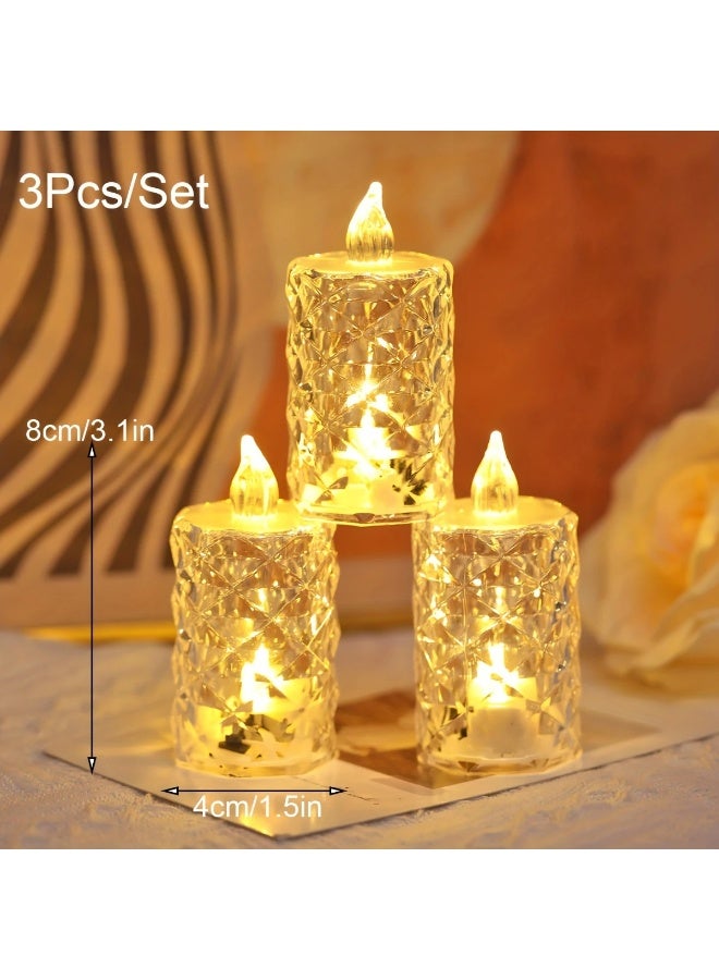 Goolsky 3pcs Crystal Pattern Electronic Candle Lights, Home Decor LED Flameless Candle, Small Tea Candle, Indoor Birthday, Party, Festival, Wedding Decor Candle Light Including Battery, Eid al Fitr Mother'S Day Decorative Candlelights - Image 1