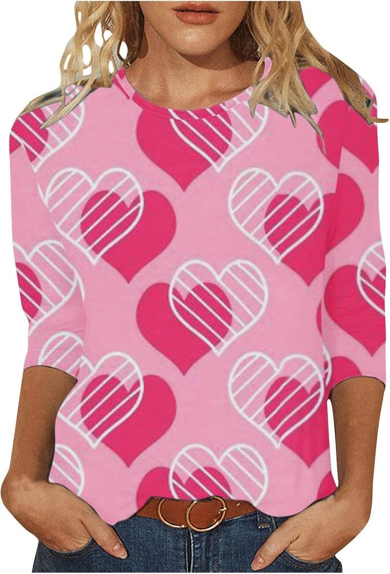 woobles Womens Casual Sweet Heart Print Valentine's Day Round Neck Long Sleeve Sweatshirts Casual Pullover Loose Be Tops 006-red - Image 1