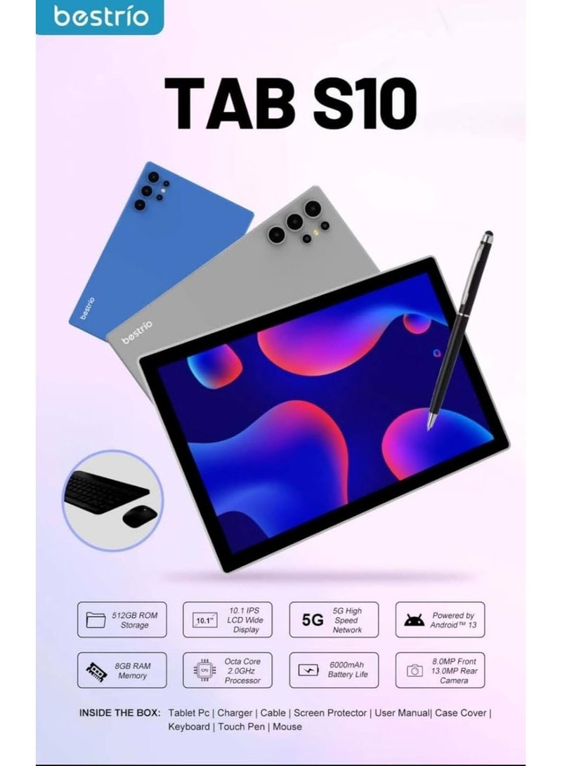 bestrio Tab S10 Tablet PC – 10.1" IPS Display, Octa-Core Processor, 5G Connectivity, 8GB RAM, 512GB Storage, Android 13, Dual SIM – Includes Keyboard, Mouse, Stylus & Case - Image 4