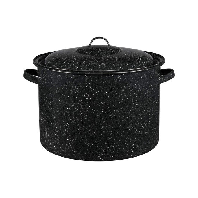 21QUART STOCKPOT LARGE CAPACITY FOR SOUPS STEWS PASTA DURABLE GRANITEWARE WITH NONSTICK SURFACE FOR EASY CLEANING CHIPRESISTANT EVEN HEAT DISTRIBUTION SPECKLED BLACK