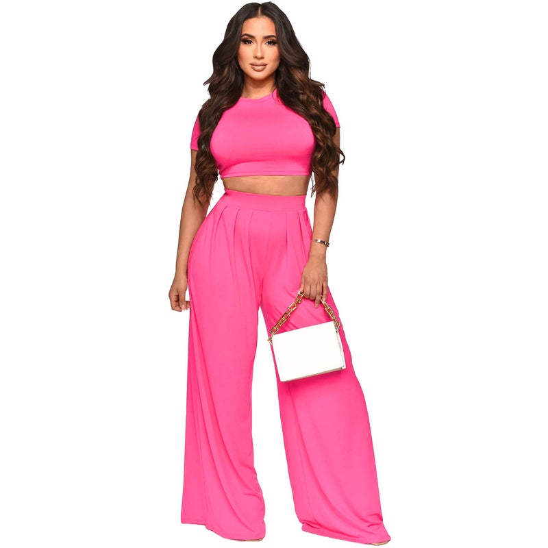 10103 Cross-border Europe and America Amazon Casual Solid Color Navel Short Top High Waist Loose Straight Pants Two-piece Set Rose