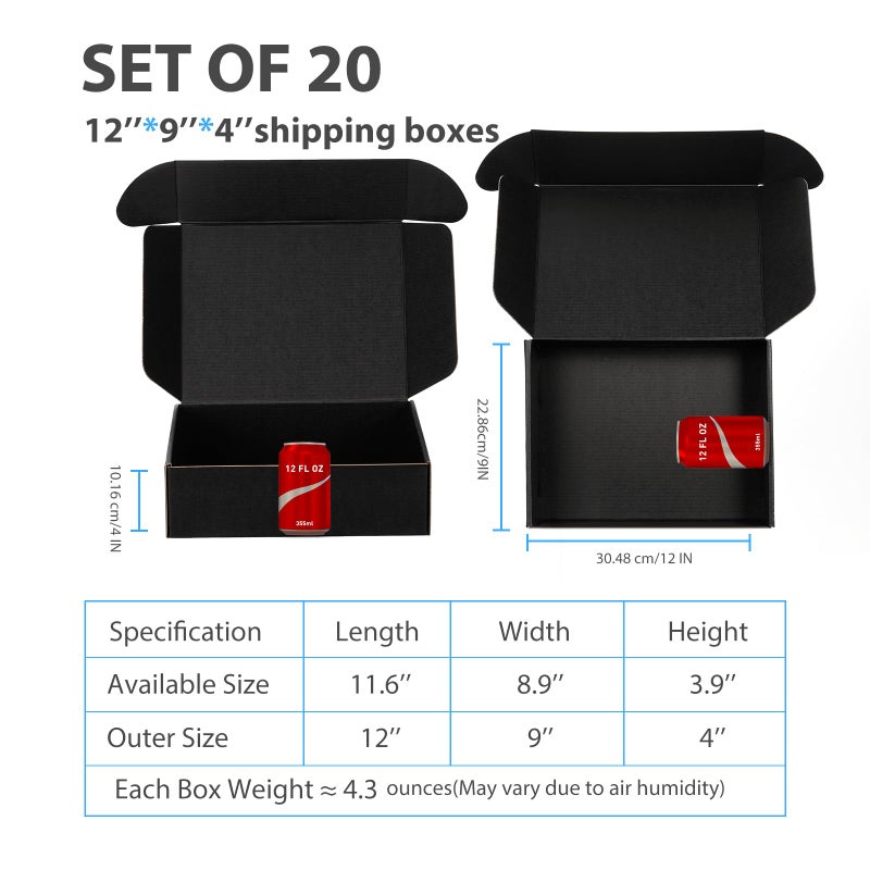 DUZCLI Small Shipping Boxes 12x9x4 Inches â€“ Black Corrugated Cardboard Boxes (20-Pack) for Mailing, Packing, Small Business & Gift Packaging - Recyclable & Sturdy - Image 2