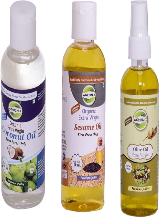 Agronix Pure Hydraulic Cold Press Extra Virgin Combo of Coconut, Sesame & Olive Oil for Hair & Skin (100 ML Each) - Image 1