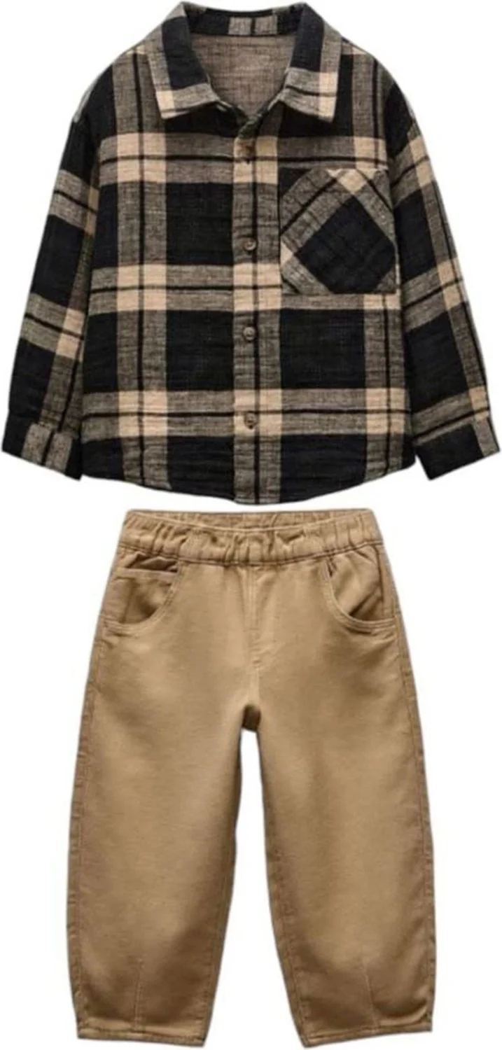 مينيمن جيجيليري My Little Ones Poplin Plaid Shirt Linen Trousers Boy's Children's Set - Camel