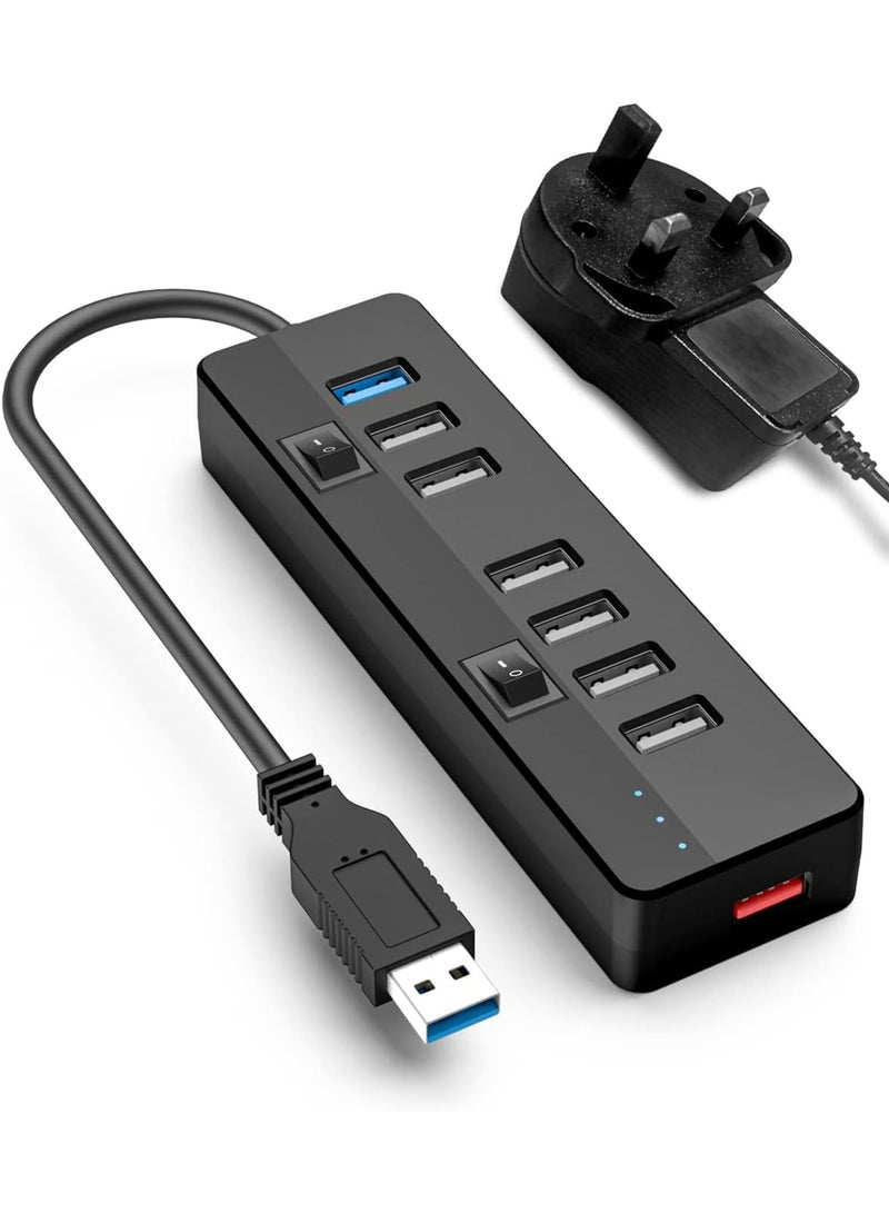 Zikra USB 3.0 Hub Powered With 10W Power Adapter，1 Port USB 3.0+ 6 Port USB 2.0 Data Hub Portable USB Splitter with Individual On/Off Switches for Mouse, Keyboard, Hard Drive and More USB Devices - Image 1