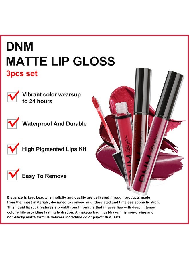DNM 3Pcs Red Matte Liquid Lipstick Sets for Women Lip Stain Matte Long Lasting Lipstick Waterproof, Dark red Purple Rose pink Lipstick Lip Stick Gloss Packs Matte - Image 3