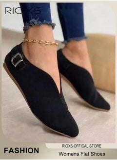 RIOXS Women Flat Shoes,Comfortable Flat Loafers,Slip-On Sneakers,Fashion V-Neck Casual Shoes,Soft Sole Flats For Women,Dressy Loafer Shoes,Soild Black Flats For Women,Round Toe Work Shoes  - Image 3