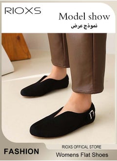 RIOXS Women Flat Shoes,Comfortable Flat Loafers,Slip-On Sneakers,Fashion V-Neck Casual Shoes,Soft Sole Flats For Women,Dressy Loafer Shoes,Soild Black Flats For Women,Round Toe Work Shoes  - Image 2