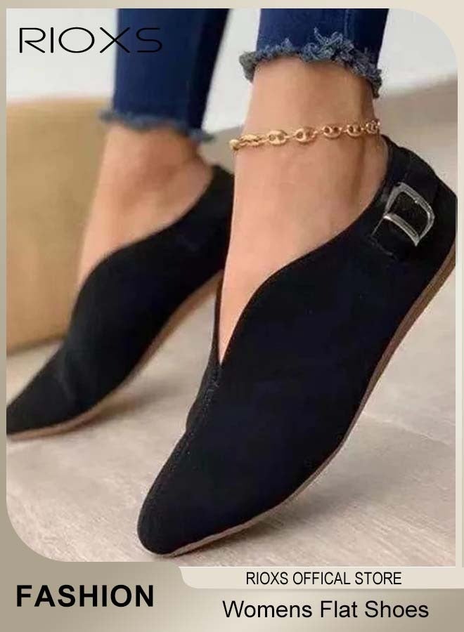 RIOXS Women Flat Shoes,Comfortable Flat Loafers,Slip-On Sneakers,Fashion V-Neck Casual Shoes,Soft Sole Flats For Women,Dressy Loafer Shoes,Soild Black Flats For Women,Round Toe Work Shoes - Image 5