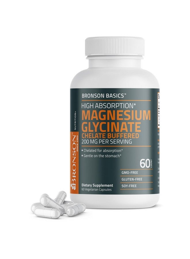 Bronson برونسون مغنيسيوم جليسينات 200 ملغ امتصاص عالي مخلب مدعوم لطيف على المعدة غير معدل وراثيًا، 60 كبسولة نباتية - Image 1