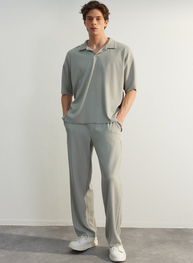 Trendyol Man Limited Edition Stone Oversize/Wide Cut Textured Wrinkle-Free Ottoman Polo Neck T-Shirt - Image 2