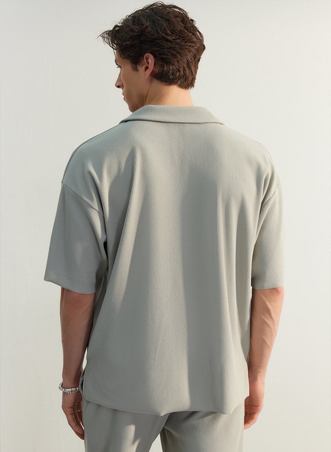 Trendyol Man Limited Edition Stone Oversize/Wide Cut Textured Wrinkle-Free Ottoman Polo Neck T-Shirt - Image 4