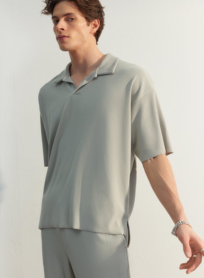 Trendyol Man Limited Edition Stone Oversize/Wide Cut Textured Wrinkle-Free Ottoman Polo Neck T-Shirt - Image 3