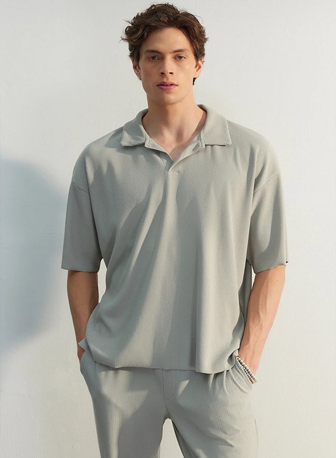 Trendyol Man Limited Edition Stone Oversize/Wide Cut Textured Wrinkle-Free Ottoman Polo Neck T-Shirt - Image 1