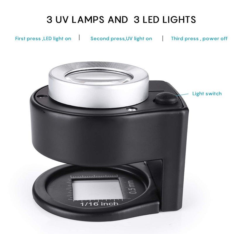 Amoper 30X Loupe Magnifier with 6 Light, Desktop Portable Metal Magnifier Folding Scale Sewing Magnifying Glass for Textile Optical Jewelry Tool Coins Currency (Black) - Image 2