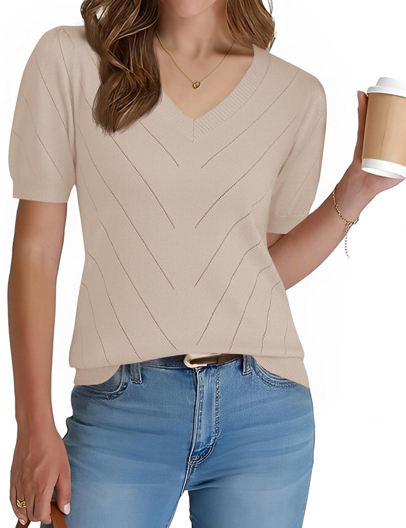 LOMON Tops for Women Trendy Womens Puff Short Sleeve Lightweight Knit Sweater Dressy V Neck Work Blouse Business Casual Outfits 2026 (Apricot,M) - Image 2