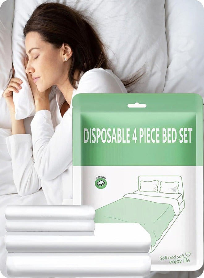 ملاءات سرير يمكن التخلص منها للسفر، مجموعة مفروشات سرير محمولة يمكن التخلص منها مع ملاءة سرير*1/غطاء لحاف*1/أغطية وسائد*2 ملاءات سرير يمكن التخلص منها بحجم كينغ للسفر ورحلات العمل والتخييم والفنادق (4 قطع) - Image 1