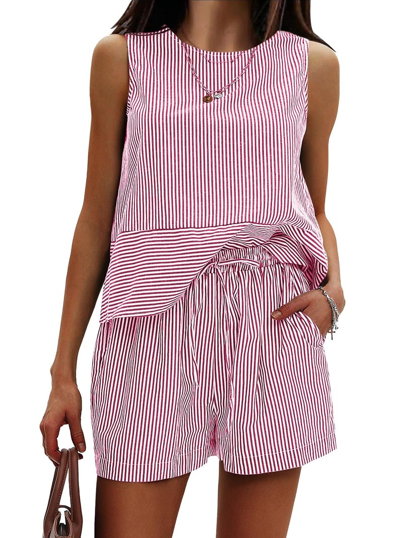 EXLURA Womens 100% Cotton Two Piece Sets Summer Outfits Casual Sleeveless Tank Top Matching Shorts Sets Beach Vacation Resort - Image 1