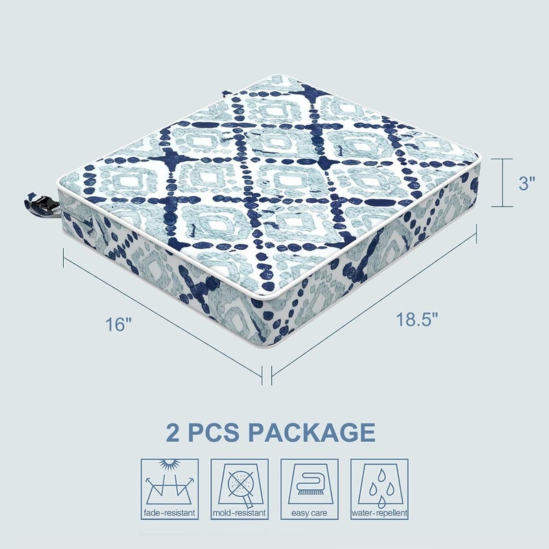 LVTXIII Outdoor Chair Cushions 18.5x16x3 Inch, Square Water-Repellent Patio Seat Cushions with Ties & Hidden Zipper, 2 Pack Thick Foam Chair Pads for Garden Furniture, Boho Geometry Blue - Image 3