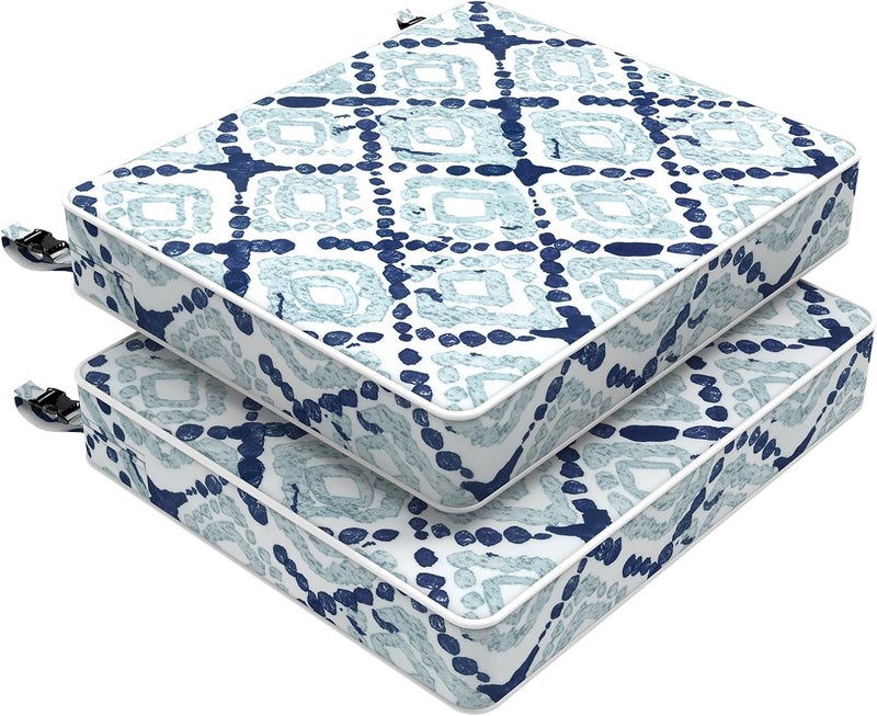 LVTXIII Outdoor Chair Cushions 18.5x16x3 Inch, Square Water-Repellent Patio Seat Cushions with Ties & Hidden Zipper, 2 Pack Thick Foam Chair Pads for Garden Furniture, Boho Geometry Blue - Image 1