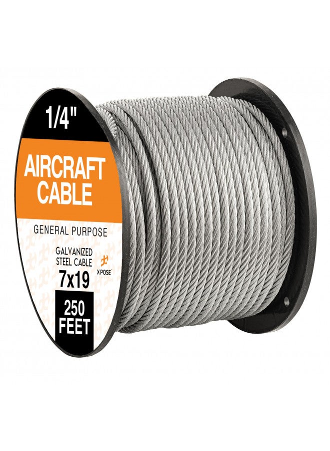Xpose Safety 7 x 19 Galvanized Steel Aircraft Cable Wire - 1/4 - 250' Reel - 7,000 lb Break Strength Rope for Pulley System or Winch Loop - Marine Wire, Cable/Deck Railing, Fencing, Zipline - - Image 1