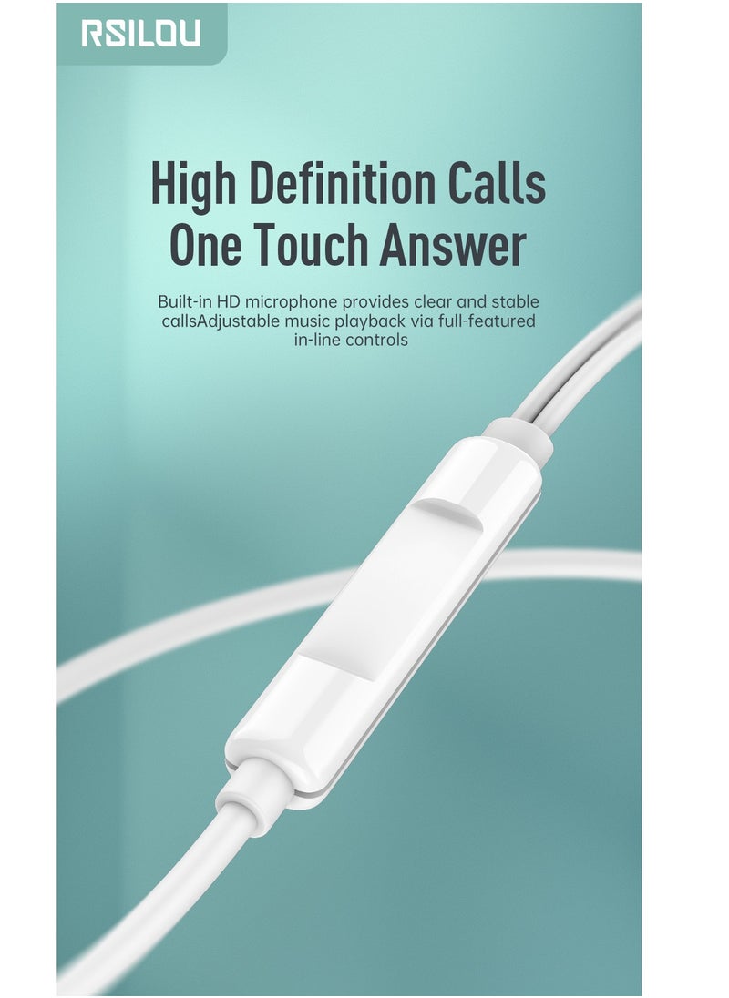 rsilou - AD209T Wired earphone with plug，Full-feature inline controls one-button answer,HD microphone(for calls and karaoke, 2.14.2mm dynamic speaker unit ,surround sound, HiFi  quality,Designed for long-term comfort, fits snugly to the ear, white - Image 1