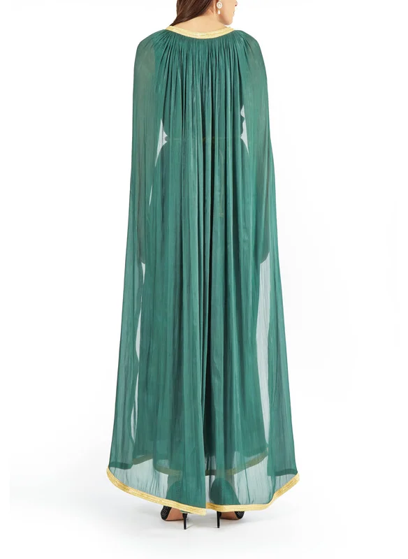 امري Embroidered Chiffon Jalabiya with Attached Cape And Round Neckline
