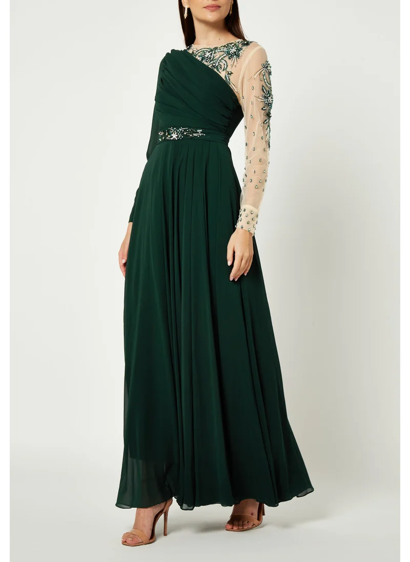 Amri Stunning Asymmetrical Chiffon Dress With Embroidered Sleeves And Neckline