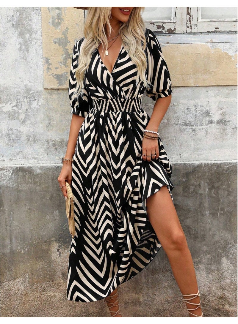 SHEINNew Autumn Contrast Color Geometric Print V-Neck Ruched Waist Flared Hem Dress - Image 1