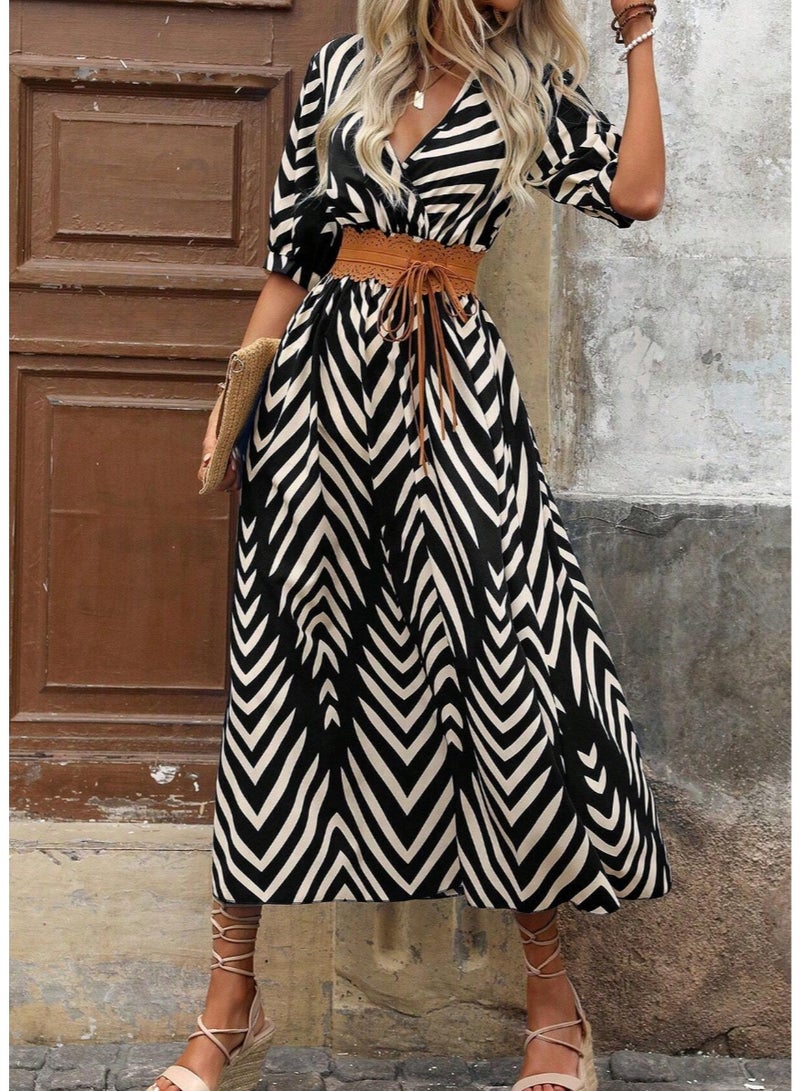 SHEINNew Autumn Contrast Color Geometric Print V-Neck Ruched Waist Flared Hem Dress - Image 3