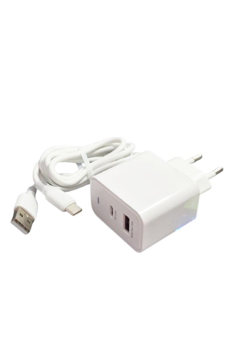Super fast +QC Wall Charger DC-338-D , PD 25W Super Fast Multi Charger USB-C & USB Port Turbo Power, Overheat Protection , Compact Design with USB to Type-C Cable, Stable Output for All Devices - White - Image 1