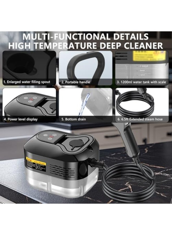 منظف بخاري للمنزل - خزان مياه سعة 1600 مل، بخار محمول يسخن في 15 ثانية للتنظيف، 6 مستويات قابلة للتعديل، 2500 واط، 45 رطل لكل بوصة مربعة، بخار بدرجة حرارة 250 درجة فهرنهايت، منظف بخاري محمول باليد لتنظيف السيارات، الشحوم، البلاط، الجص - Image 5