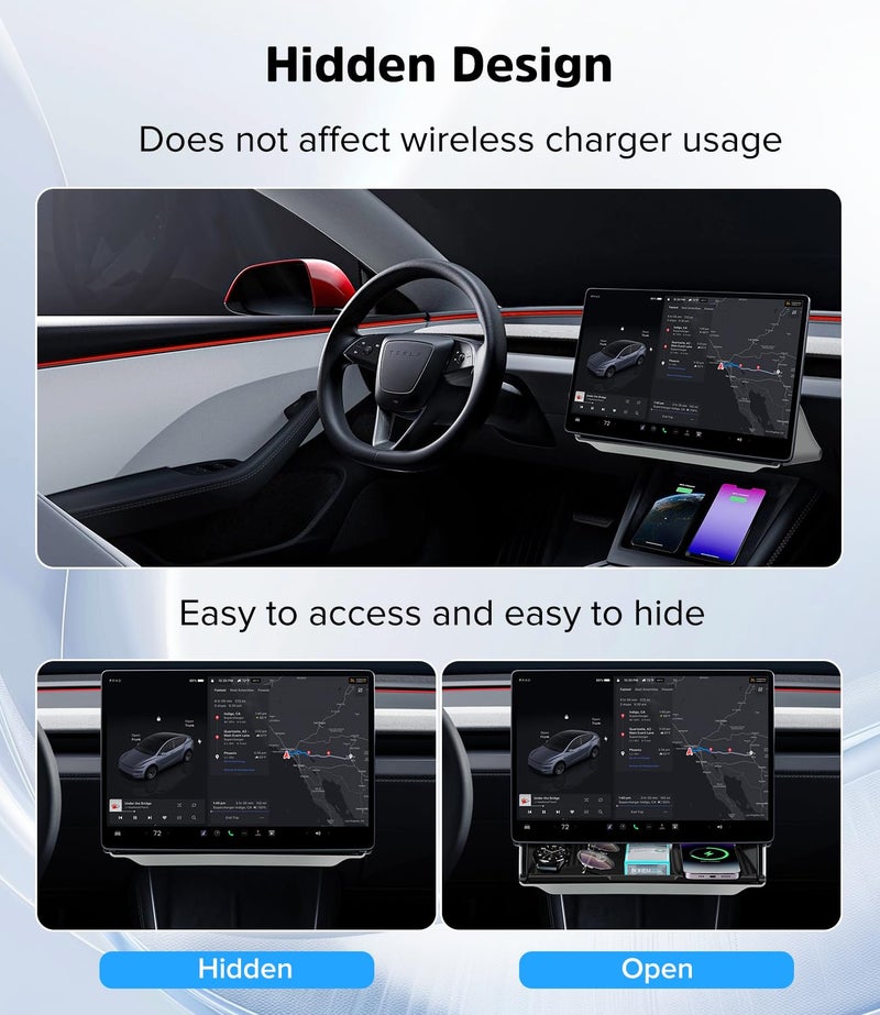 Autodecor 1Up Hidden Under Screen Storage - with Silicone Anti-Slip Mat Fit for 2016-2026 Tesla Model Y & 3 (Including Model 3 Highland) - Hidden Design Center Console Organizer Tray - Image 3